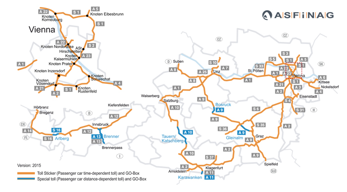 Winiety w Austrii 2015 - mapa dróg płatnych