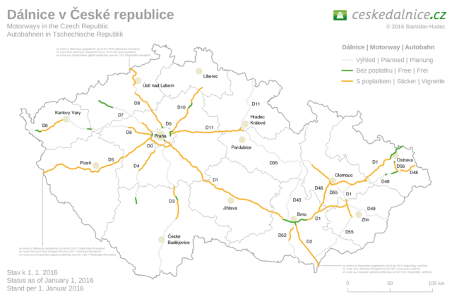 Winiety w Czechach – mapa dróg płatnych w 2016 roku.