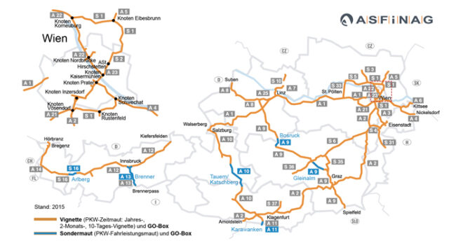 Winiety w Austrii 2016 - mapa dróg płatnych