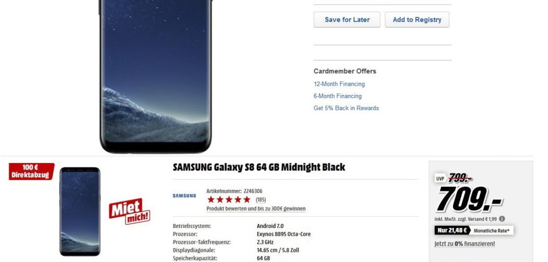 Samsung S8 - porównanie cen w USA z cenami w Europie